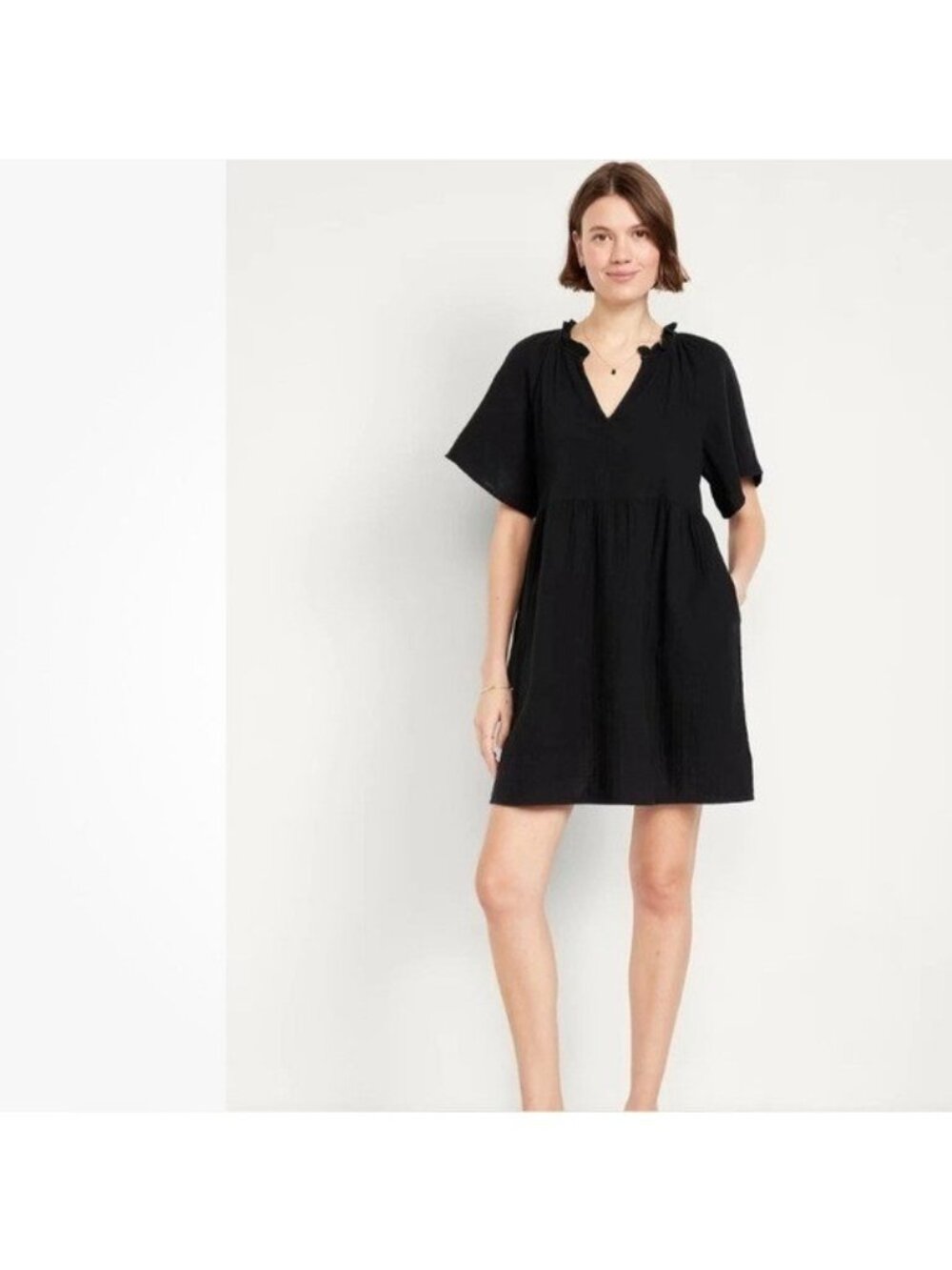Old Navy Black V-Neck Women black Crinkle short sleeve mini dress size 4x